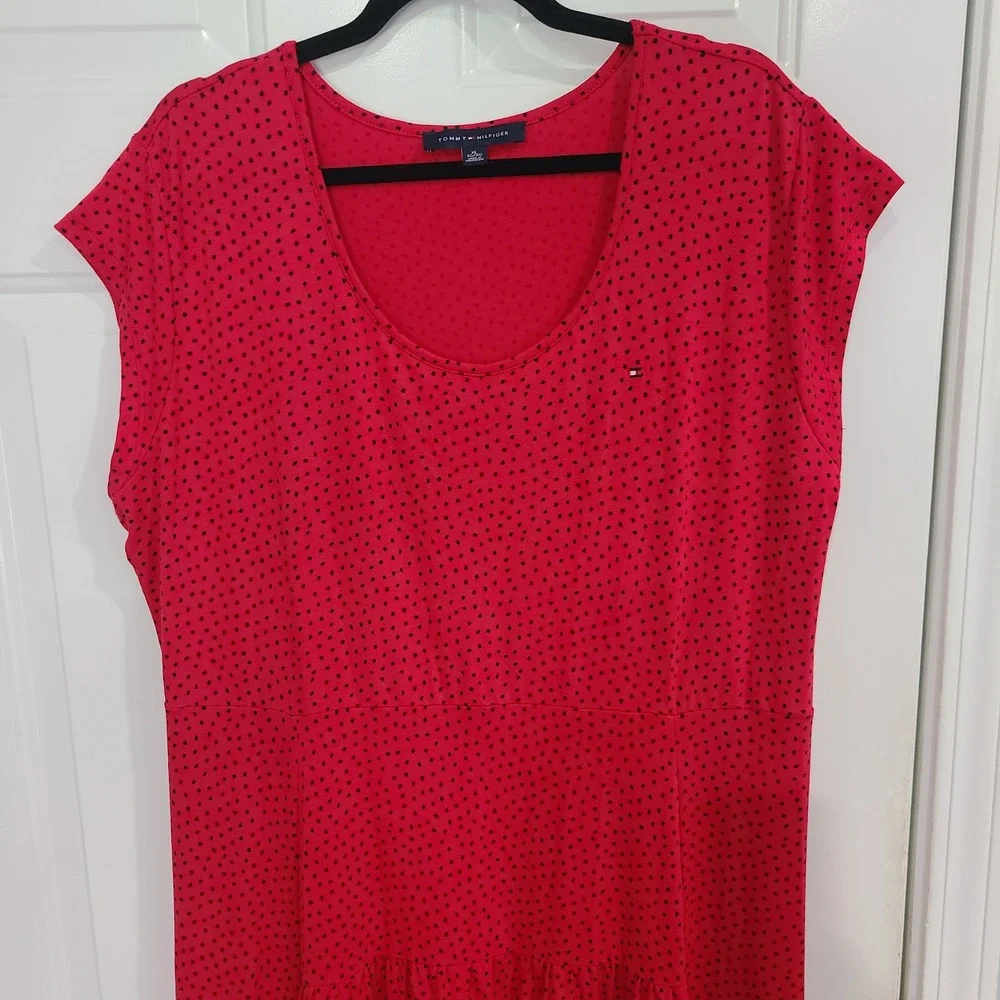 Tommy Hilfiger Red Polka Dot Jersey Dress XL Short Sleeve J2DDR611 A-Line Midi